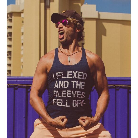 Mens I Flexed and The Sleeves Fell Off Tank Top Funny Sleeveless Gym Workout - Picture 3 of 5